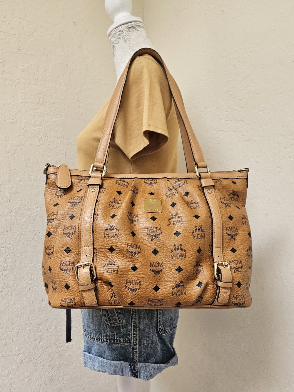 MCM Cognac Top Zip No Long Handle Shoulder Tote Bag AUTHENTIC